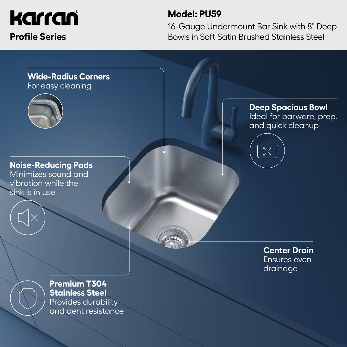 Profile 15" Undermount 16 Gauge Stainless Steel Single Bowl Bar Sink