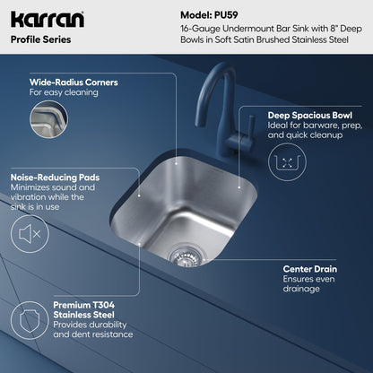 Profile 15" Undermount 16 Gauge Stainless Steel Single Bowl Bar Sink