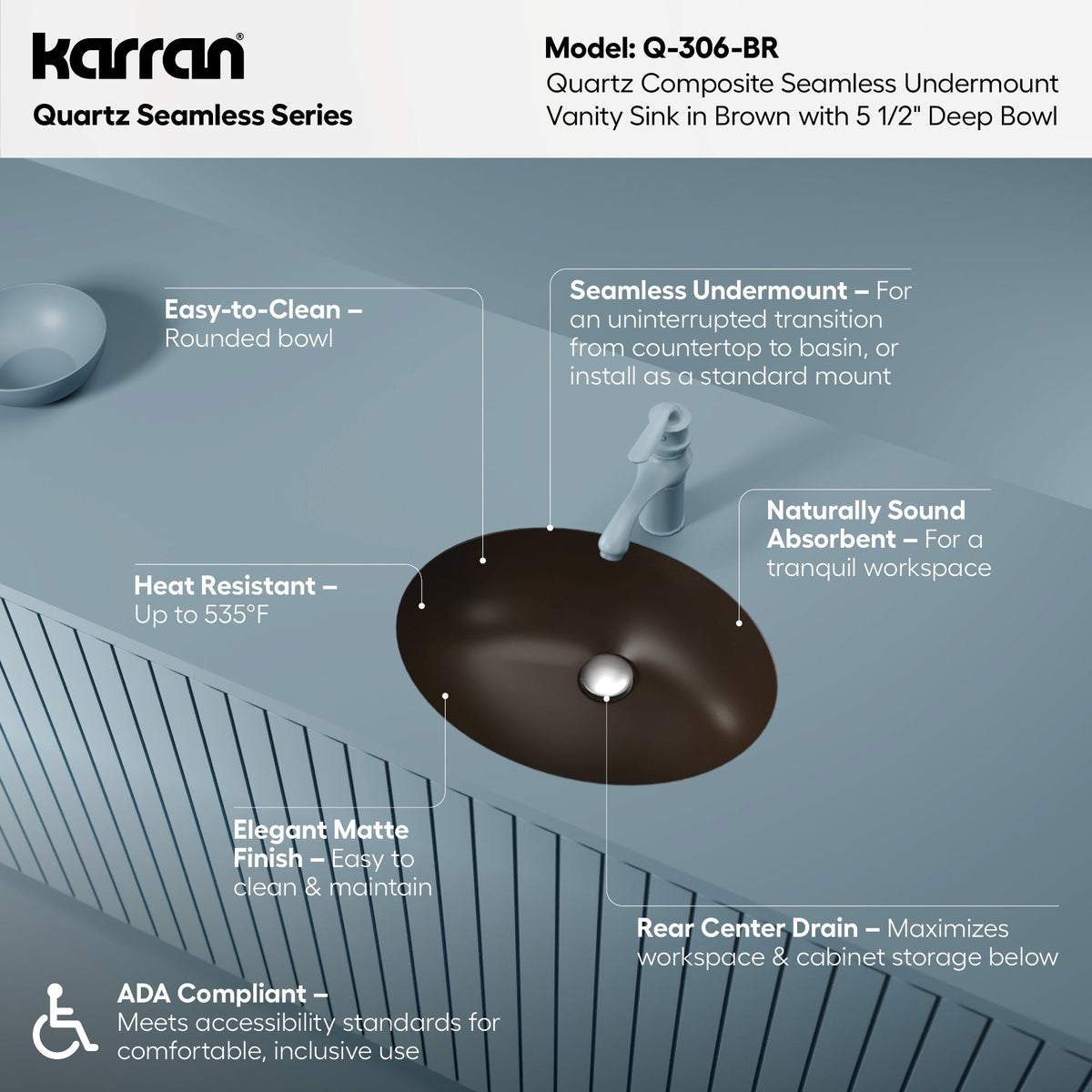 19" Seamless Undermount Quartz Composite Bathroom Sink In Brown