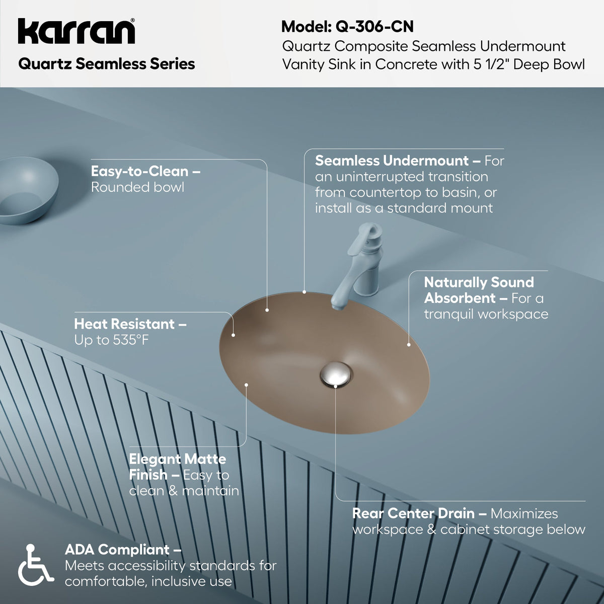 19" Seamless Undermount Quartz Composite Bathroom Sink In Concrete