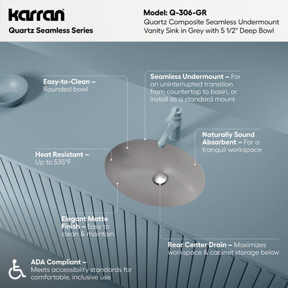 19" Seamless Undermount Quartz Composite Bathroom Sink In Grey