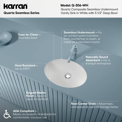 19" Seamless Undermount Quartz Composite Bathroom Sink In White
