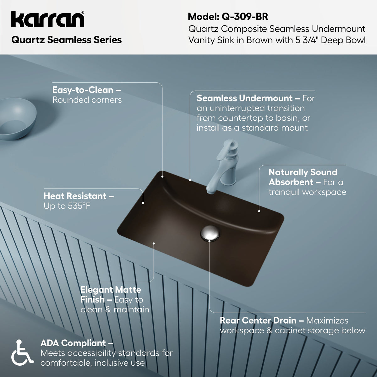 20" Seamless Undermount Quartz Composite Bathroom Sink In Brown