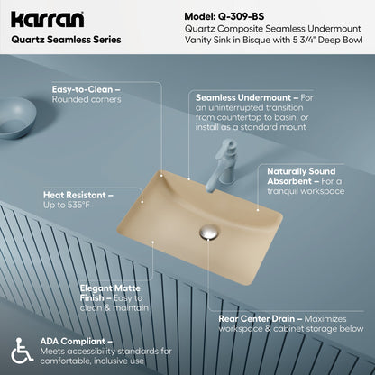 20" Seamless Undermount Quartz Composite Bathroom Sink In Bisque