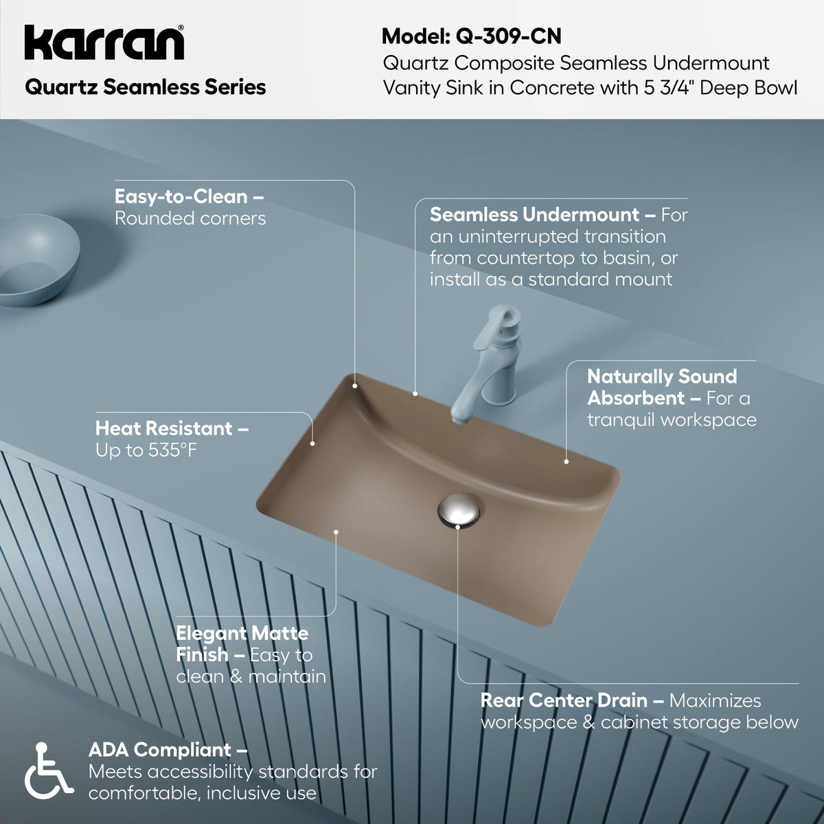 20" Seamless Undermount Quartz Composite Bathroom Sink In Concrete