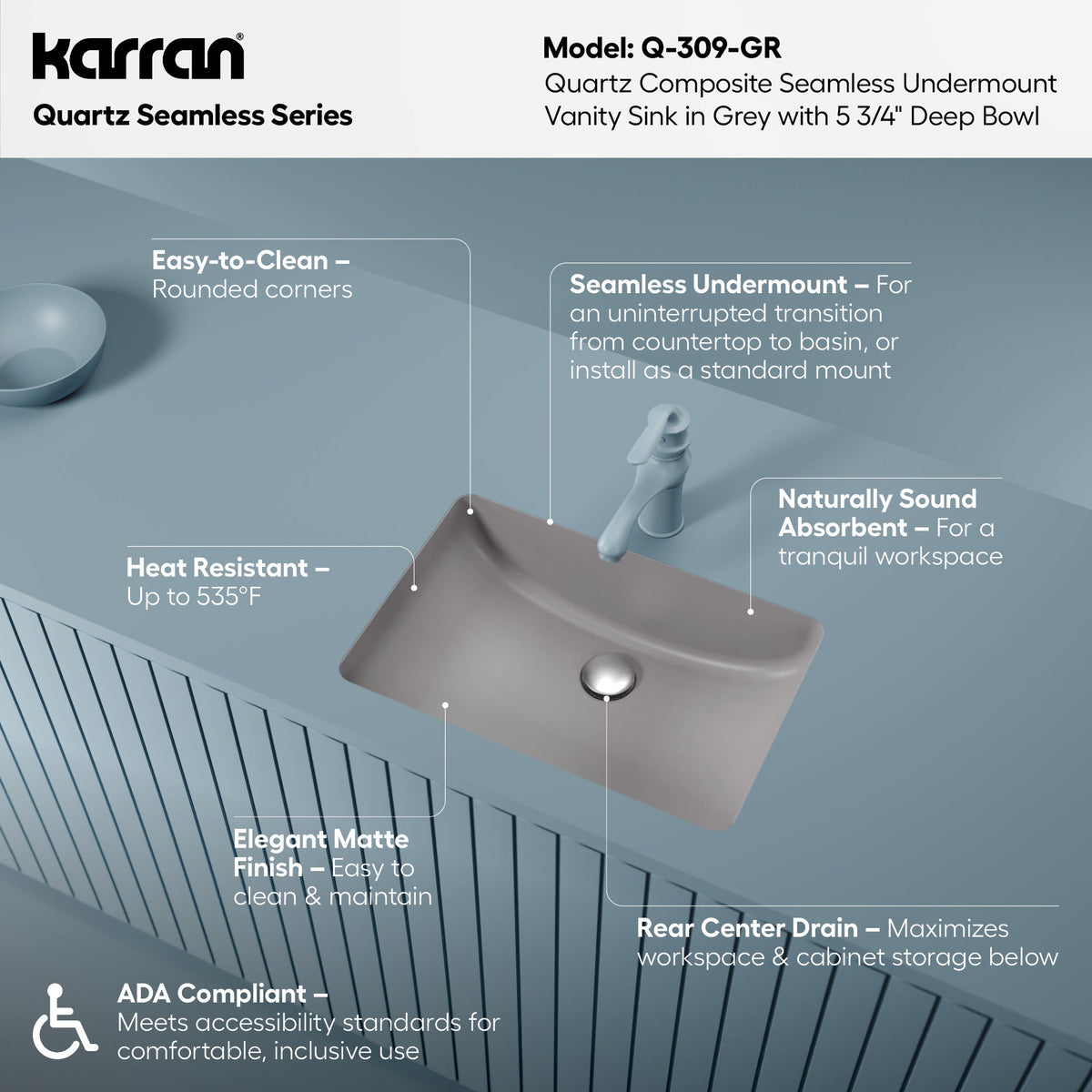 20" Seamless Undermount Quartz Composite Bathroom Sink In Grey