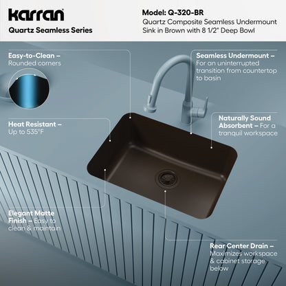 24-1/8" Seamless Undermount Single Bowl Quartz Composite Kitchen Sink In Brown