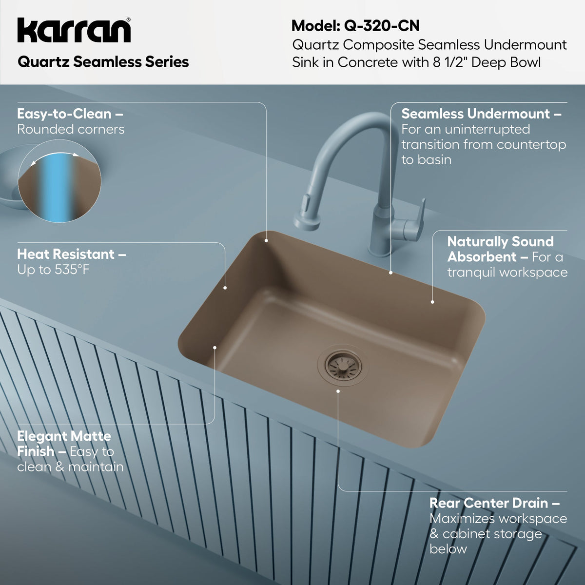 24-1/8" Seamless Undermount Single Bowl Quartz Composite Kitchen Sink In Concrete