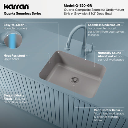 24-1/8" Seamless Undermount Single Bowl Quartz Composite Kitchen Sink In Grey