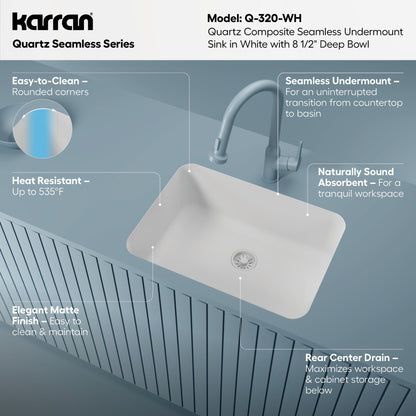 24-1/8" Seamless Undermount Single Bowl Quartz Composite Kitchen Sink In White