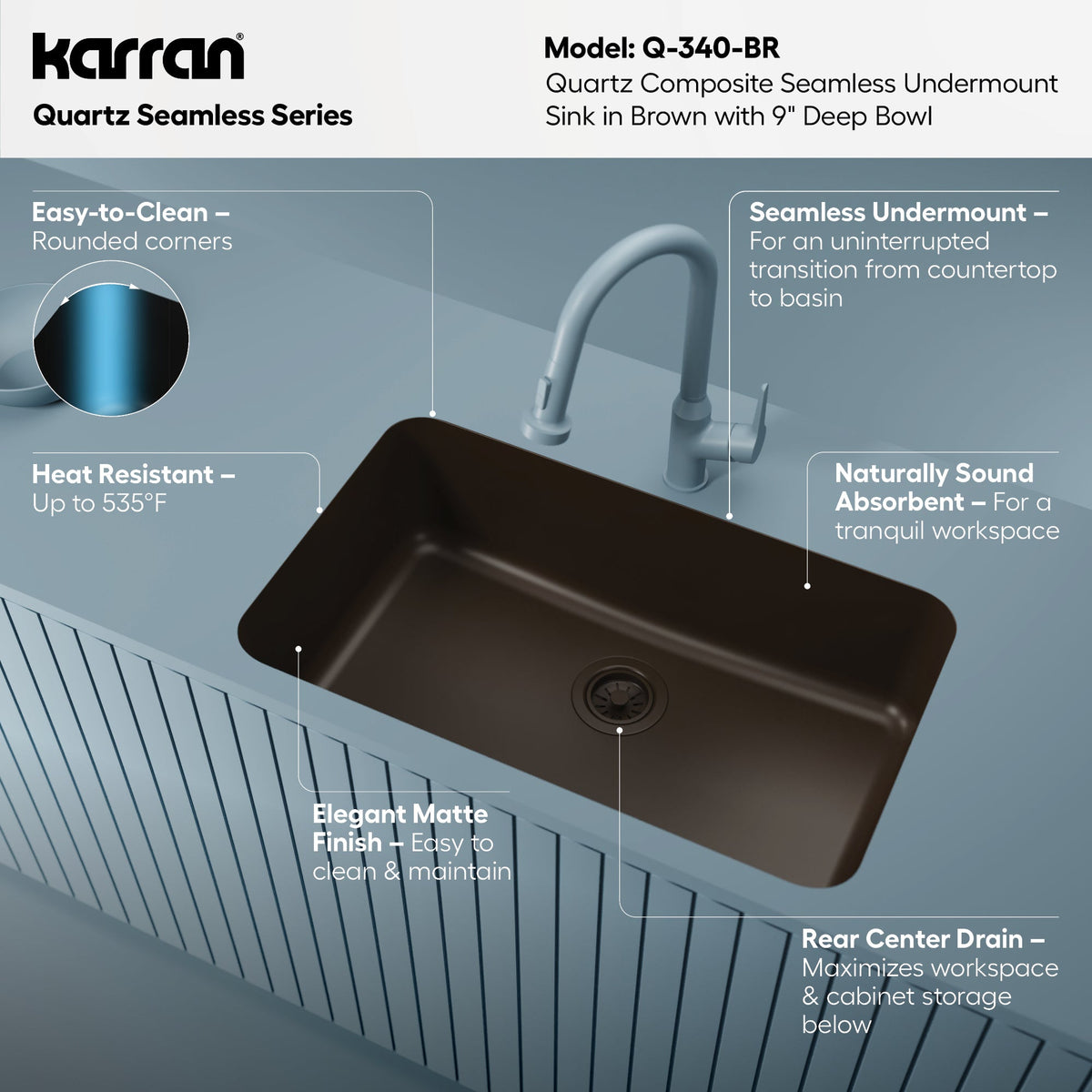30-7/8" Seamless Undermount Large Single Bowl Quartz Composite Kitchen Sink In Brown
