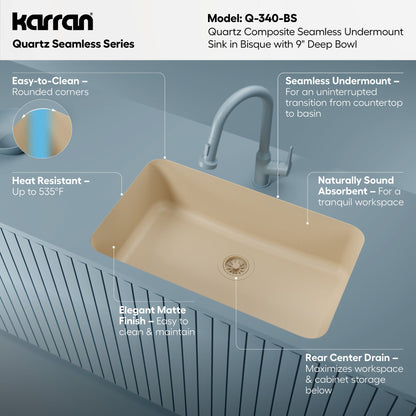30-7/8" Seamless Undermount Large Single Bowl Quartz Composite Kitchen Sink In Bisque