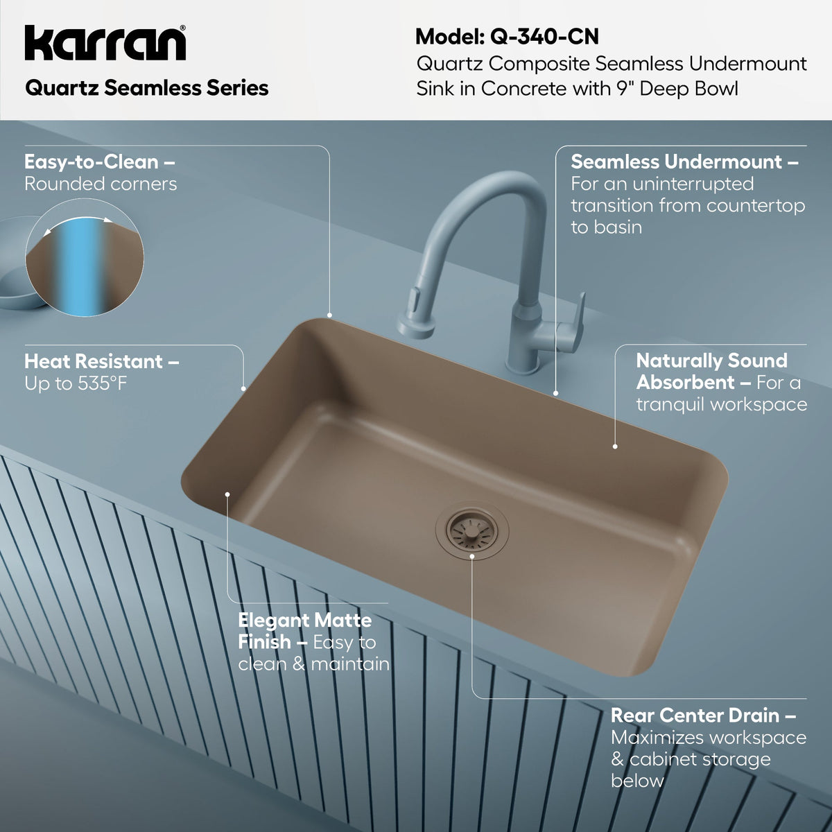 30-7/8" Seamless Undermount Large Single Bowl Quartz Composite Kitchen Sink In Concrete