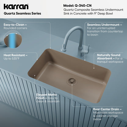 30-7/8" Seamless Undermount Large Single Bowl Quartz Composite Kitchen Sink In Concrete