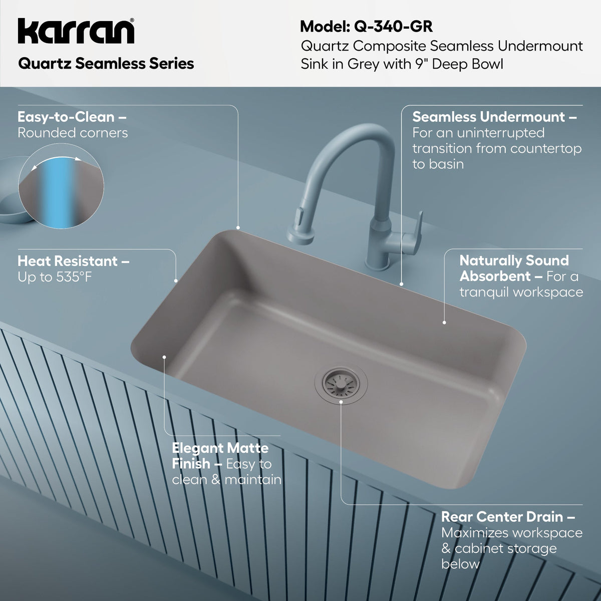30-7/8" Seamless Undermount Large Single Bowl Quartz Composite Kitchen Sink In Grey