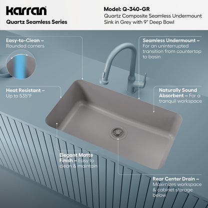 30-7/8" Seamless Undermount Large Single Bowl Quartz Composite Kitchen Sink In Grey