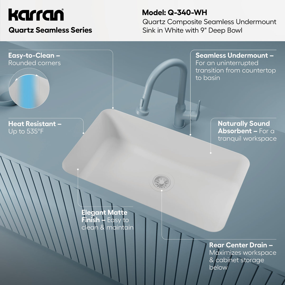 30-7/8" Seamless Undermount Large Single Bowl Quartz Composite Kitchen Sink In White