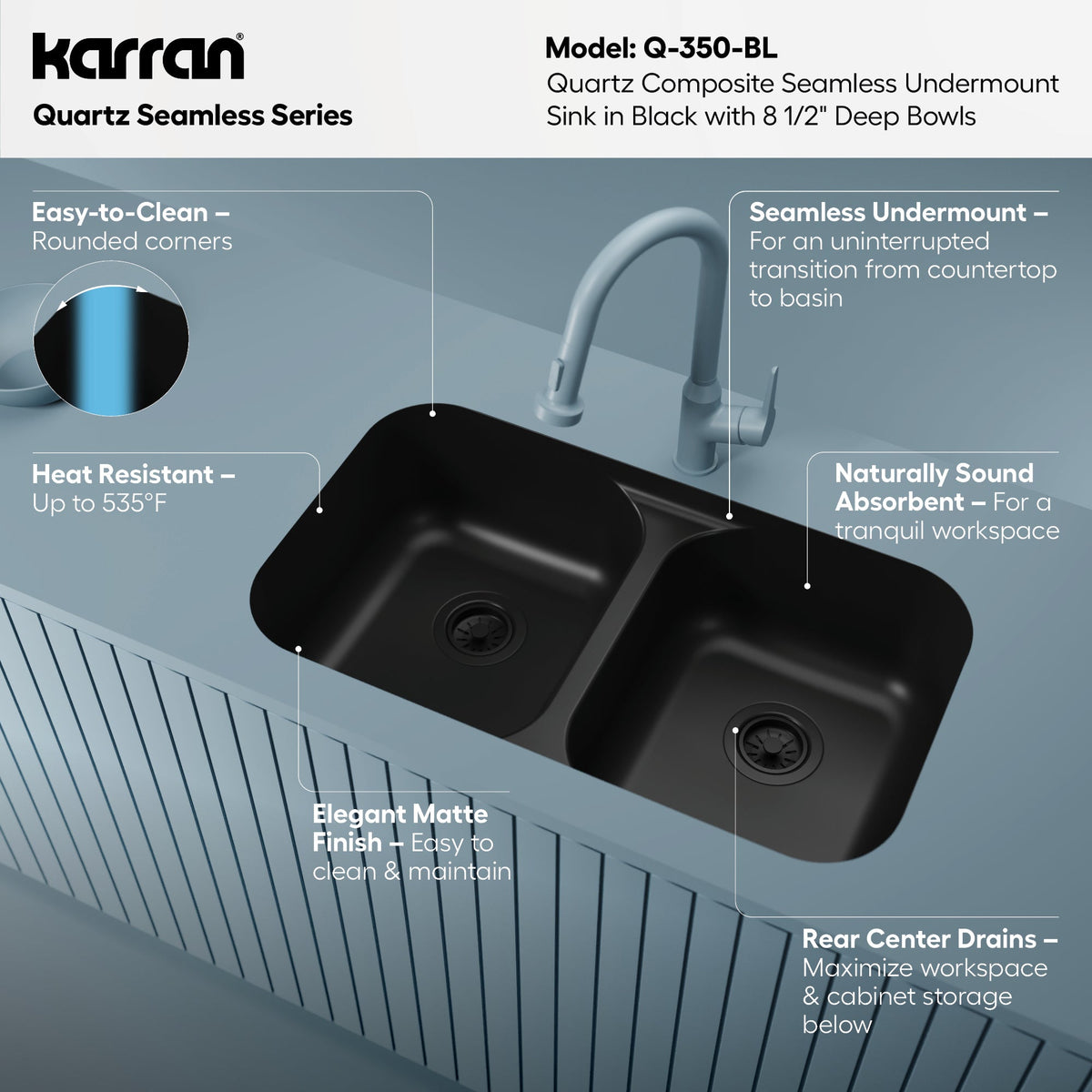 32-7/8" Seamless Undermount Doube Equal Bowl Quartz Composite Kitchen Sink In Black