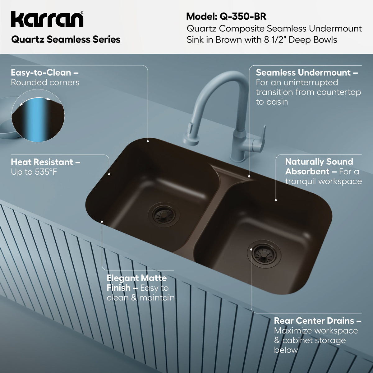 32-7/8" Seamless Undermount Doube Equal Bowl Quartz Composite Kitchen Sink In Brown