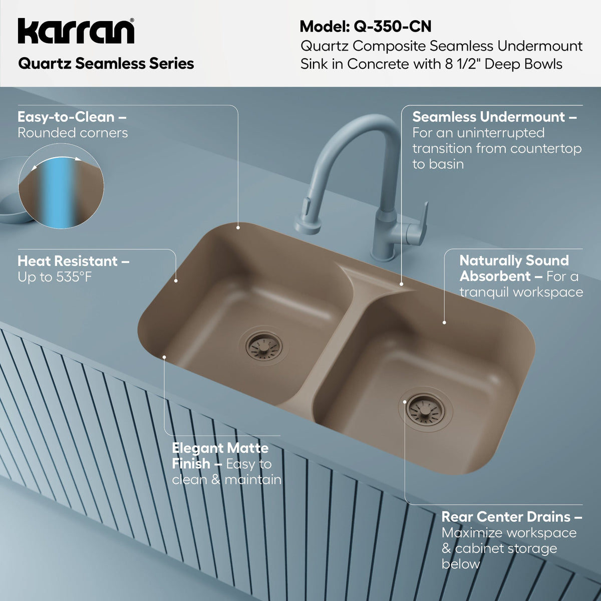 32-7/8" Seamless Undermount Doube Equal Bowl Quartz Composite Kitchen Sink In Concrete