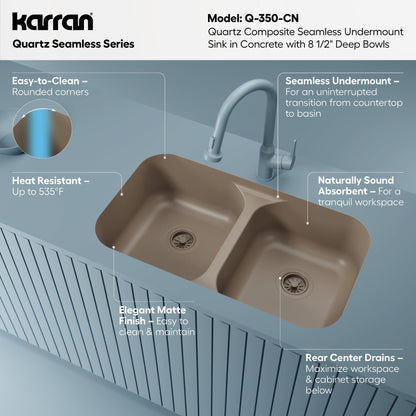 32-7/8" Seamless Undermount Doube Equal Bowl Quartz Composite Kitchen Sink In Concrete