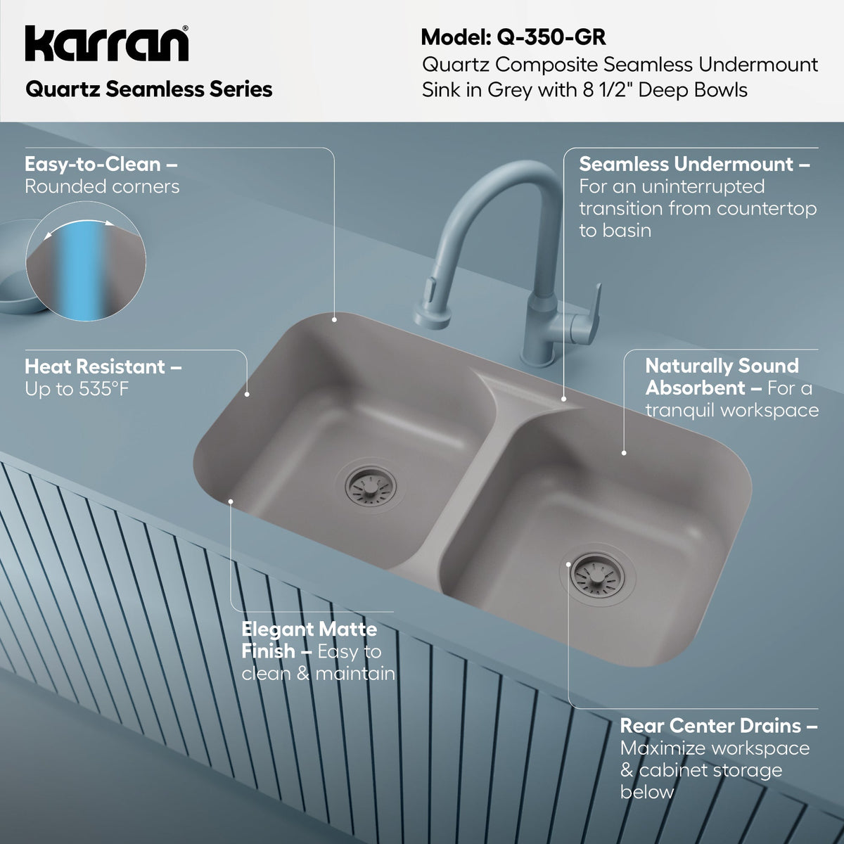 32-7/8" Seamless Undermount Doube Equal Bowl Quartz Composite Kitchen Sink In Grey