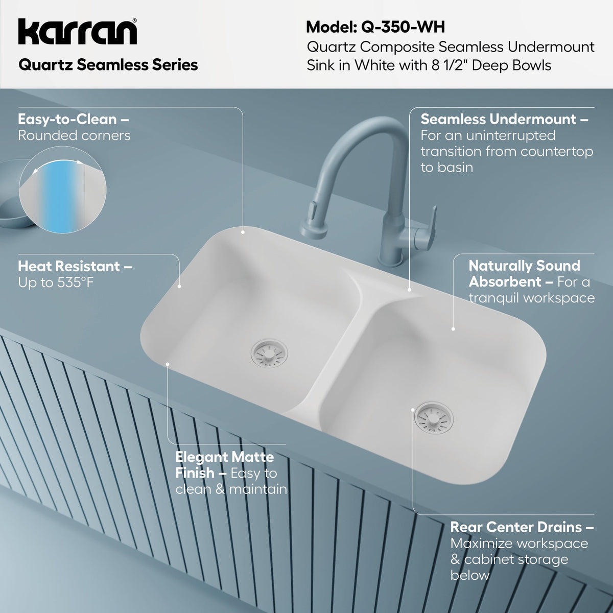 32-7/8" Seamless Undermount Doube Equal Bowl Quartz Composite Kitchen Sink In White