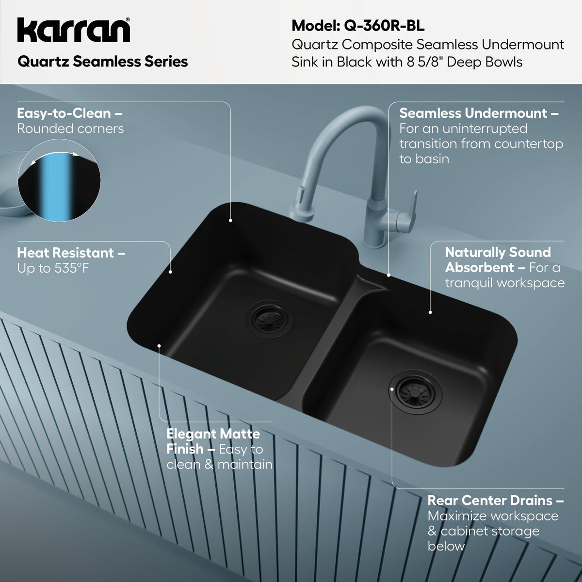32-3/8" Seamless Undermount Double Offset Bowl Quartz Composite Kitchen Sink In Black