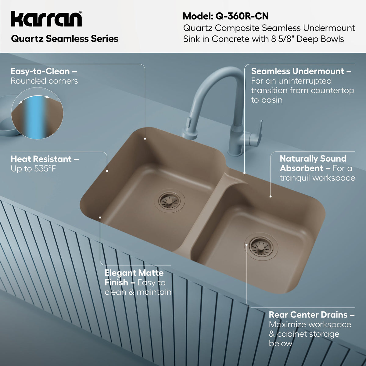 32-3/8" Seamless Undermount Double Offset Bowl Quartz Composite Kitchen Sink In Concrete