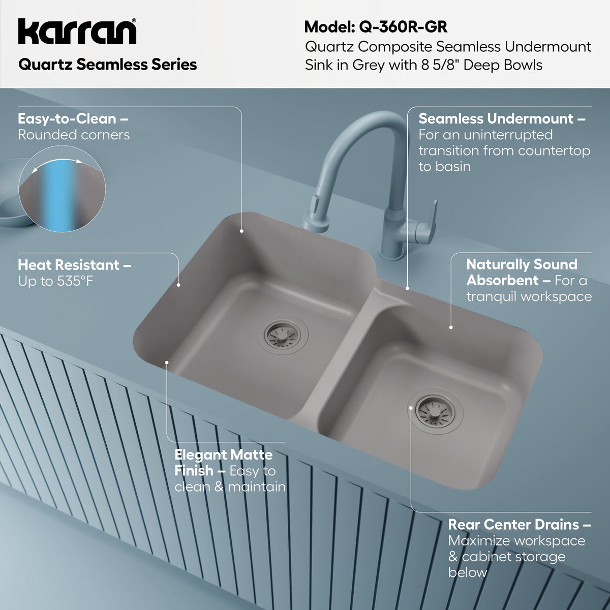 32-3/8" Seamless Undermount Double Offset Bowl Quartz Composite Kitchen Sink In Grey