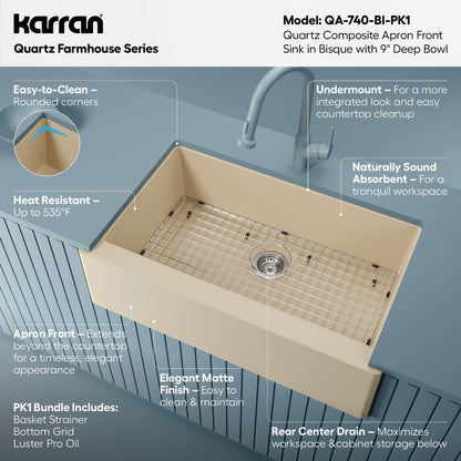 Farmhouse/Apron-Front Quartz Composite 34" Single Bowl Kitchen Sink Kit In Bisque