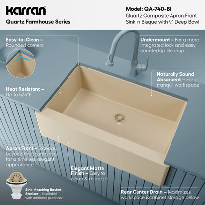 34" Farmhouse Large Single Bowl Quartz Composite Kitchen Sink In Bisque