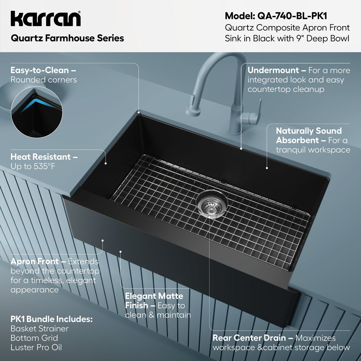 34" Farmhouse Large Single Bowl Quartz Composite Kitchen Sink Kit In Black