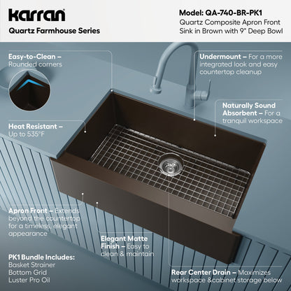 34" Farmhouse Large Single Bowl Quartz Composite Kitchen Sink Kit In Brown