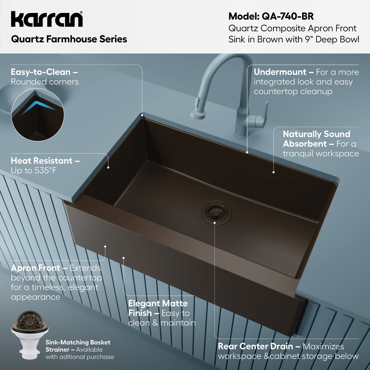 34" Farmhouse Large Single Bowl Quartz Composite Kitchen Sink In Brown