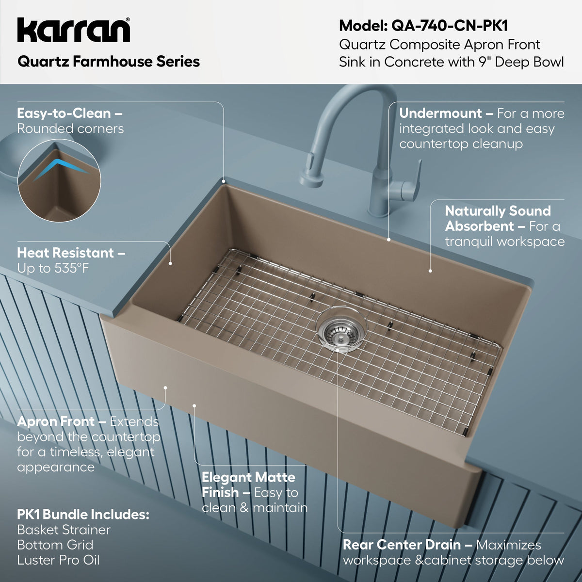 34" Farmhouse Large Single Bowl Quartz Composite Kitchen Sink Kit In Concrete