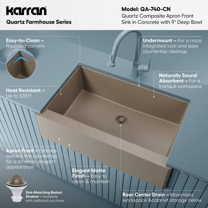 34" Farmhouse Large Single Bowl Quartz Composite Kitchen Sink In Concrete