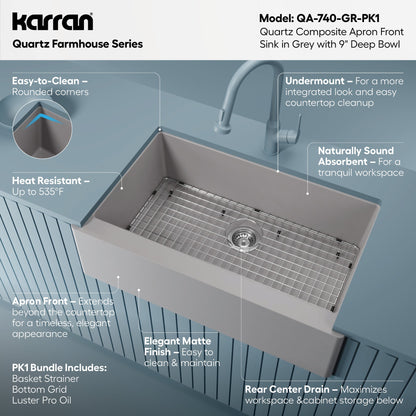 34" Farmhouse Large Single Bowl Quartz Composite Kitchen Sink Kit In Grey