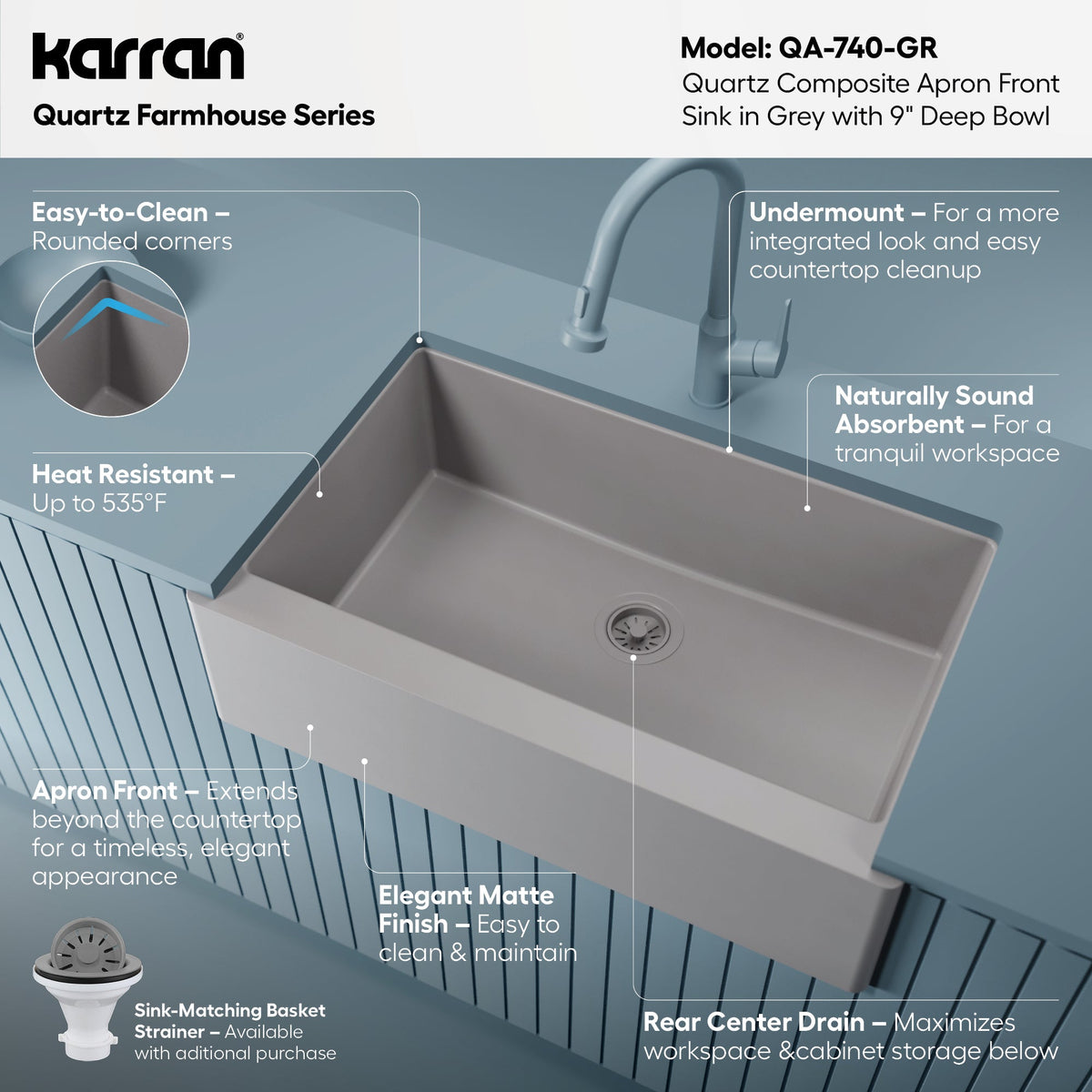 34" Farmhouse Large Single Bowl Quartz Composite Kitchen Sink In Grey