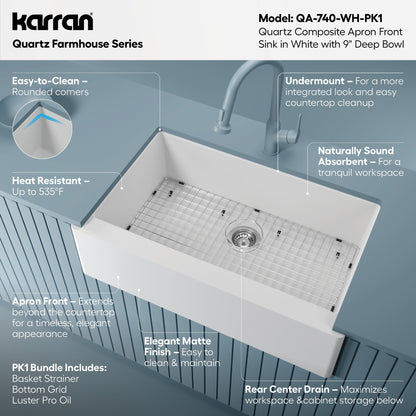 34" Farmhouse Large Single Bowl Quartz Composite Kitchen Sink Kit In White