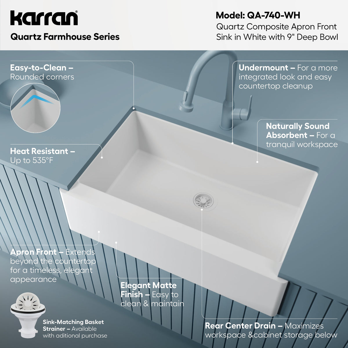 34" Farmhouse Large Single Bowl Quartz Composite Kitchen Sink In White
