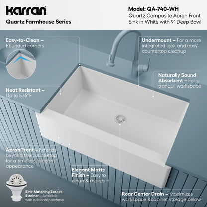 34" Farmhouse Large Single Bowl Quartz Composite Kitchen Sink In White