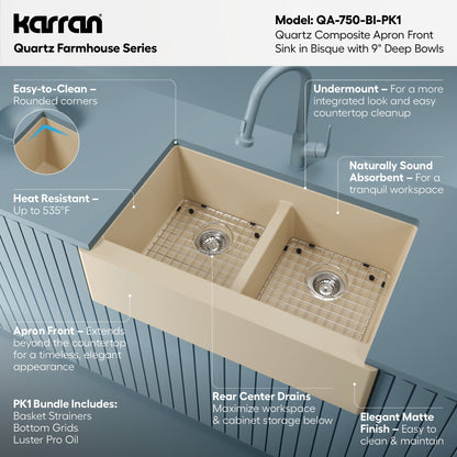 34" Farmhouse Double Equal Bowl Quartz Composite Kitchen Sink Kit In Bisque