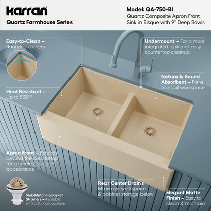 34" Farmhouse Double Equal Bowl Quartz Composite Kitchen Sink In Bisque