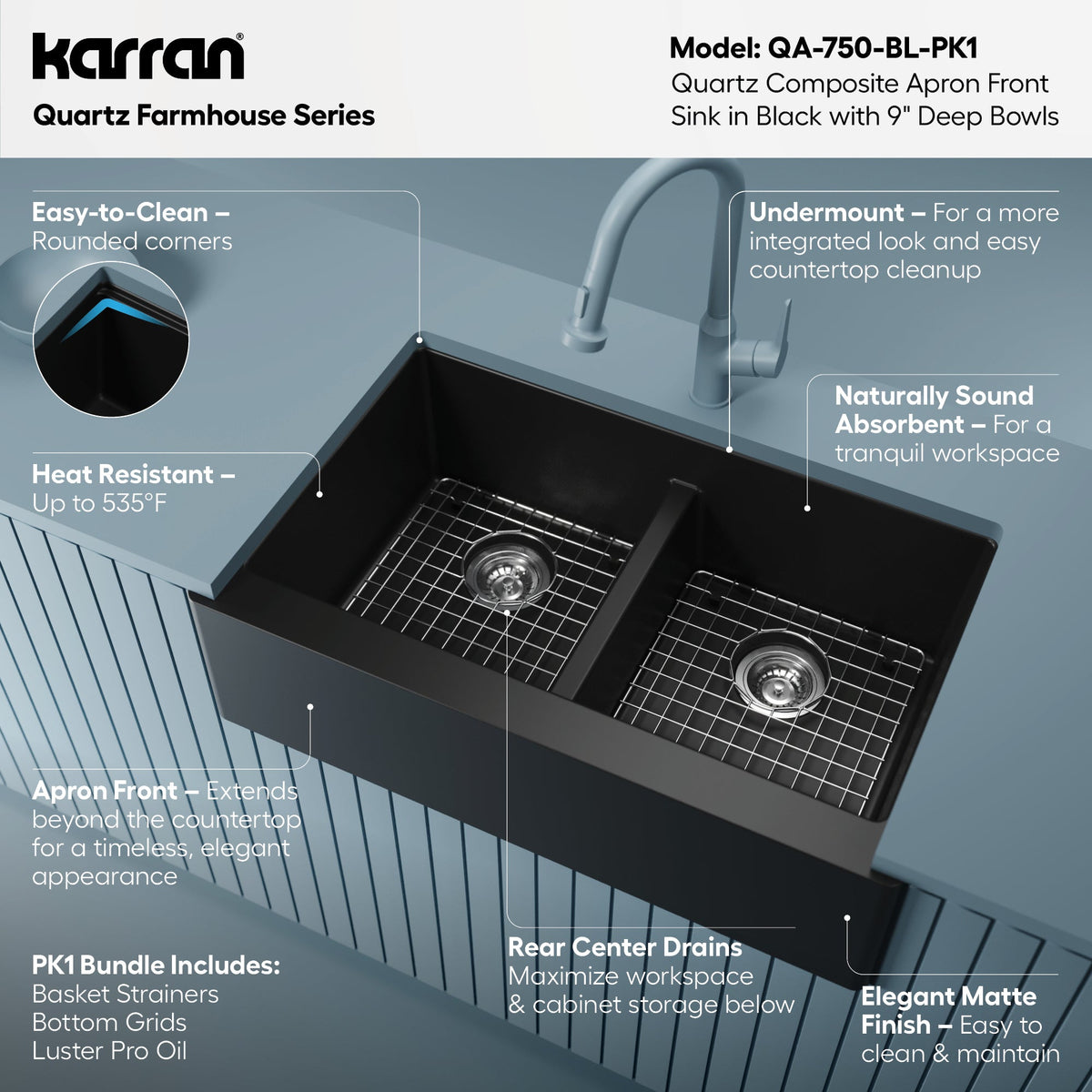 34" Farmhouse Double Equal Bowl Quartz Composite Kitchen Sink Kit In Black