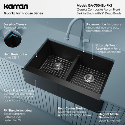 34" Farmhouse Double Equal Bowl Quartz Composite Kitchen Sink Kit In Black