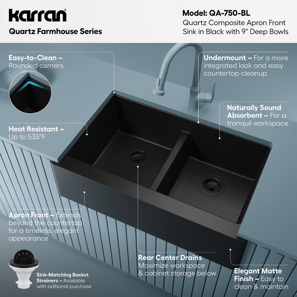 34" Farmhouse Double Equal Bowl Quartz Composite Kitchen Sink In Black
