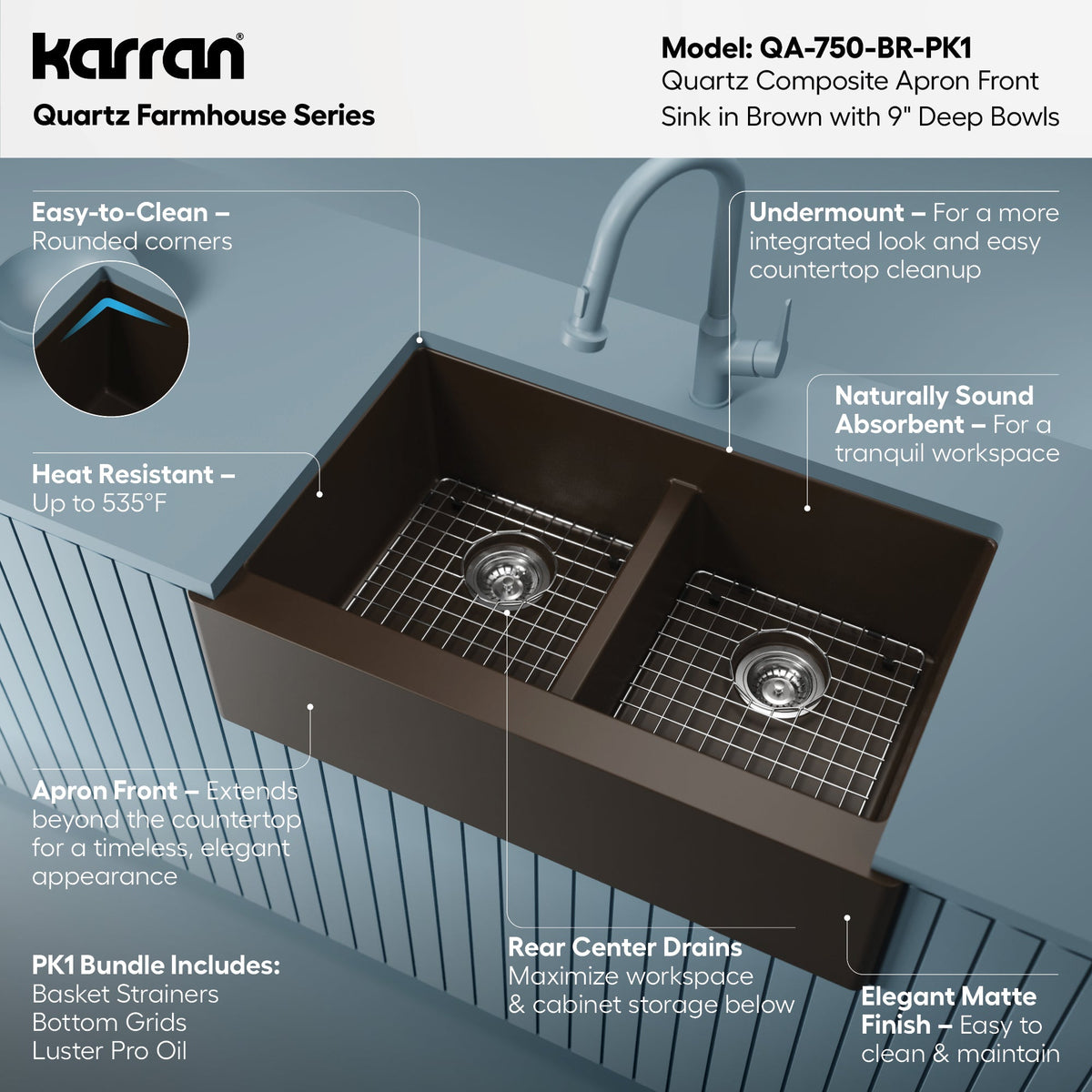 34" Farmhouse Double Equal Bowl Quartz Composite Kitchen Sink Kit In Brown