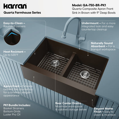 34" Farmhouse Double Equal Bowl Quartz Composite Kitchen Sink Kit In Brown