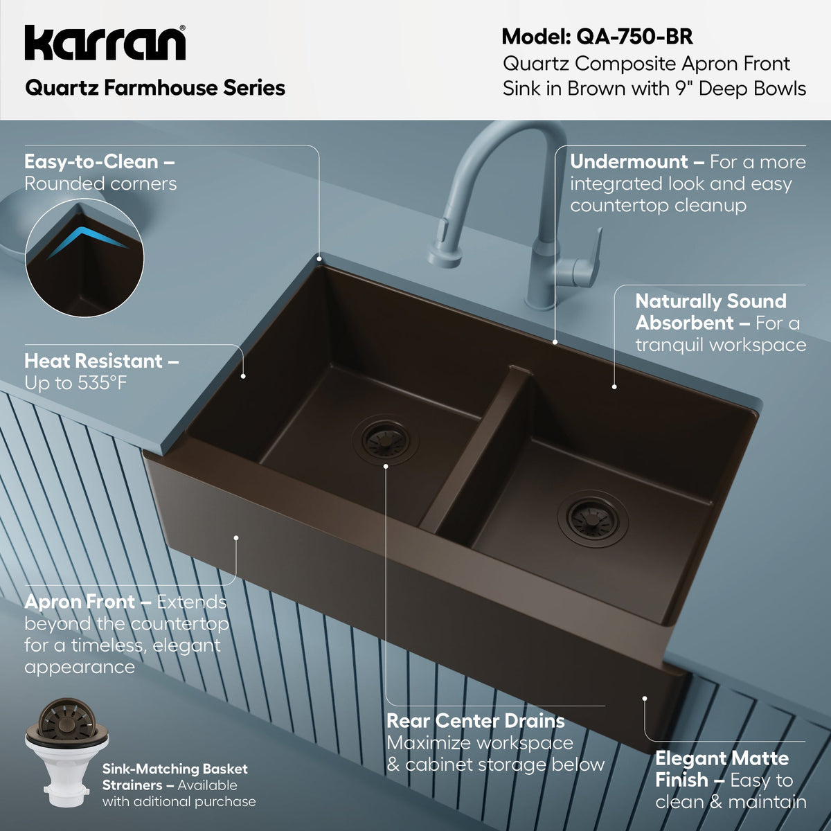 34" Farmhouse Double Equal Bowl Quartz Composite Kitchen Sink In Brown
